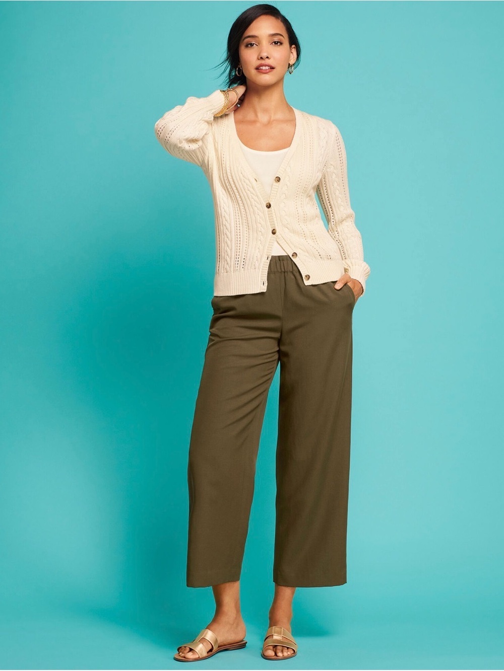New Talbots Slub Tencel Wide Leg Crop Pull On Pants Size 2X Green Olive